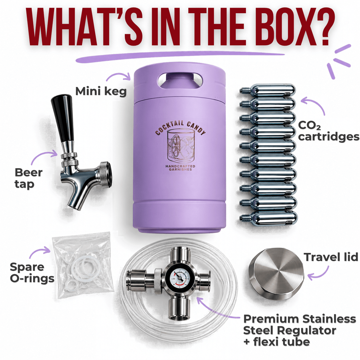 Cocktail Candy purple mini cocktail keg with tap, CO2 cartridges, travel lid, stainless steel regulator, flexi tube and spare O-rings, showing what’s in the box.