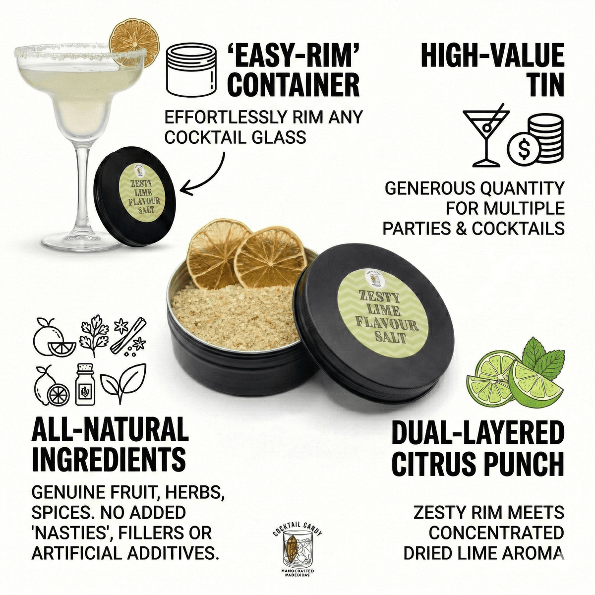 Cocktail Rimming Salt – Zesty Lime Flavoured Salt (Large Tin)