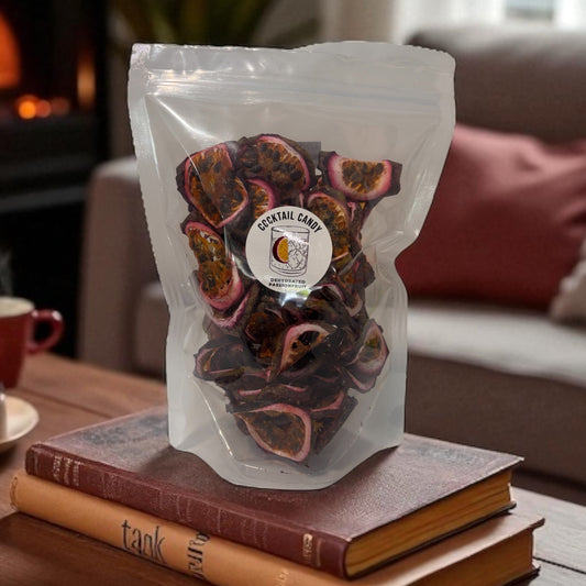 Bag of dried fruit on a stack of books with a cozy living room background