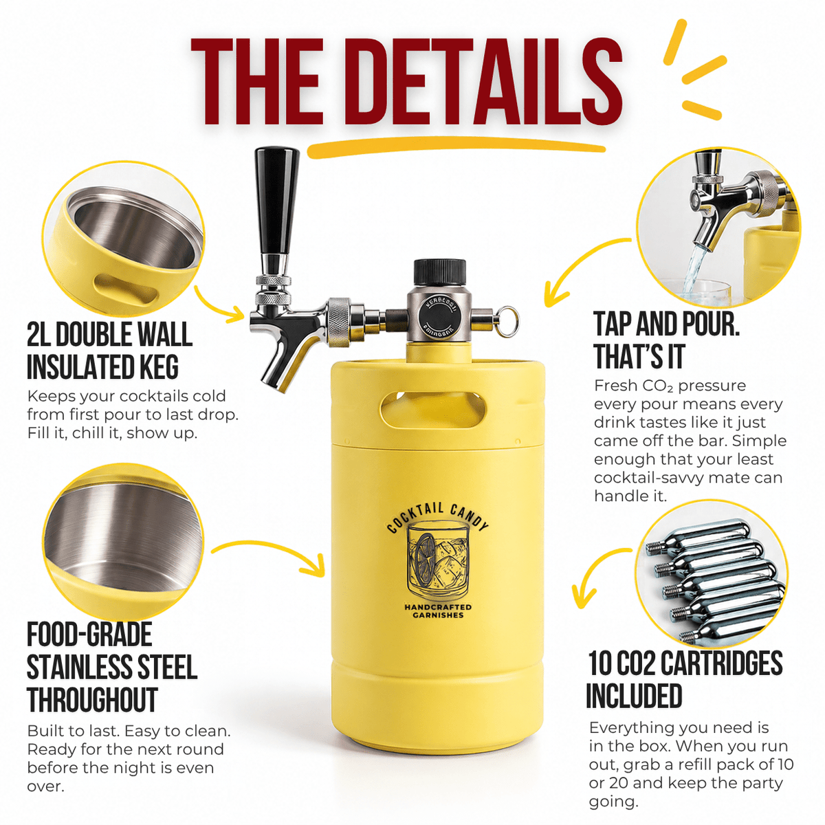 Cocktail Candy yellow 2L insulated mini cocktail keg with tap and CO2 regulator, highlighting double-wall insulation, food-grade stainless steel and 10 included CO2 cartridges.