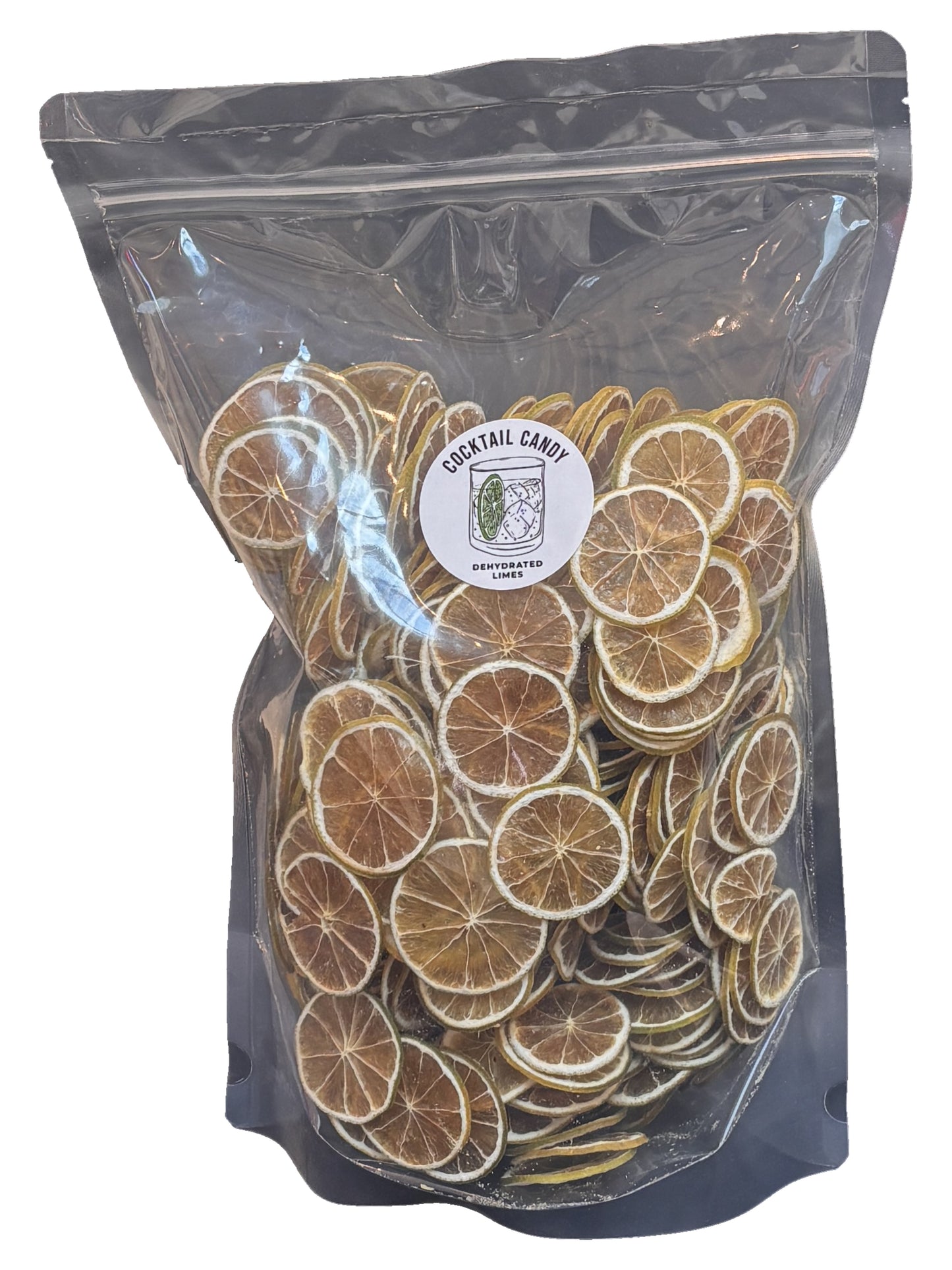 Bag of dried citrus slices with a visible brand label on a white background