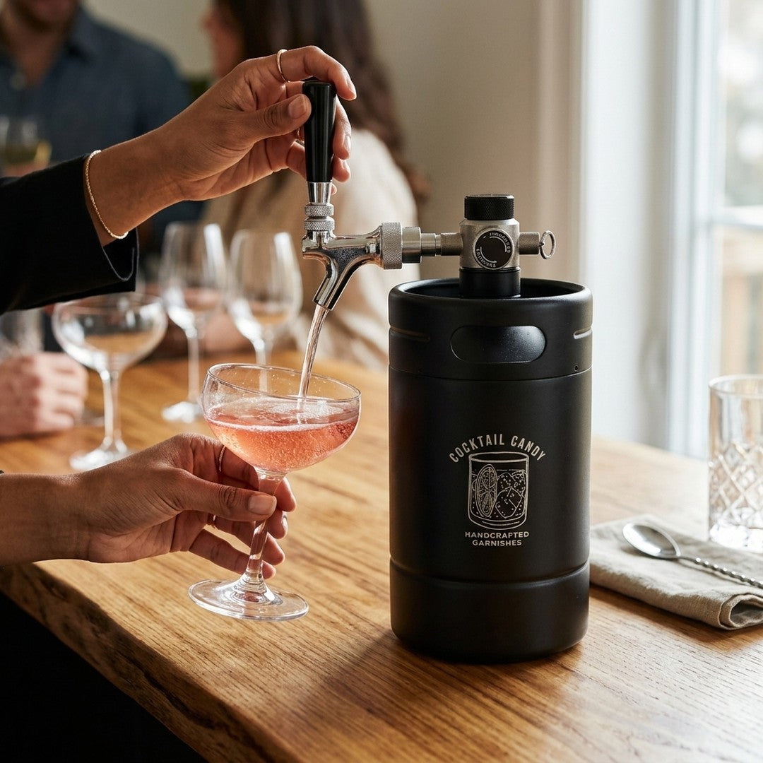 Black Velvet Mini Keg pouring a pink cocktail into a coupe at a gathering
