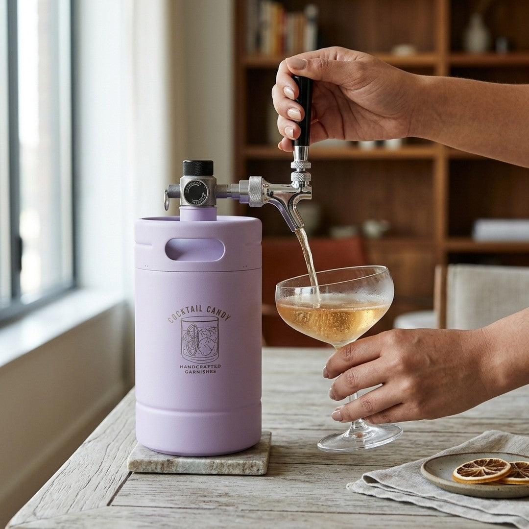 Violet Hour Purple Mini Keg pouring a sparkling cocktail into a coupe