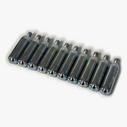 Ten 16g threaded CO2 bulbs lined up at an angle, the refill pack for the Cocktail Candy Mini Keg