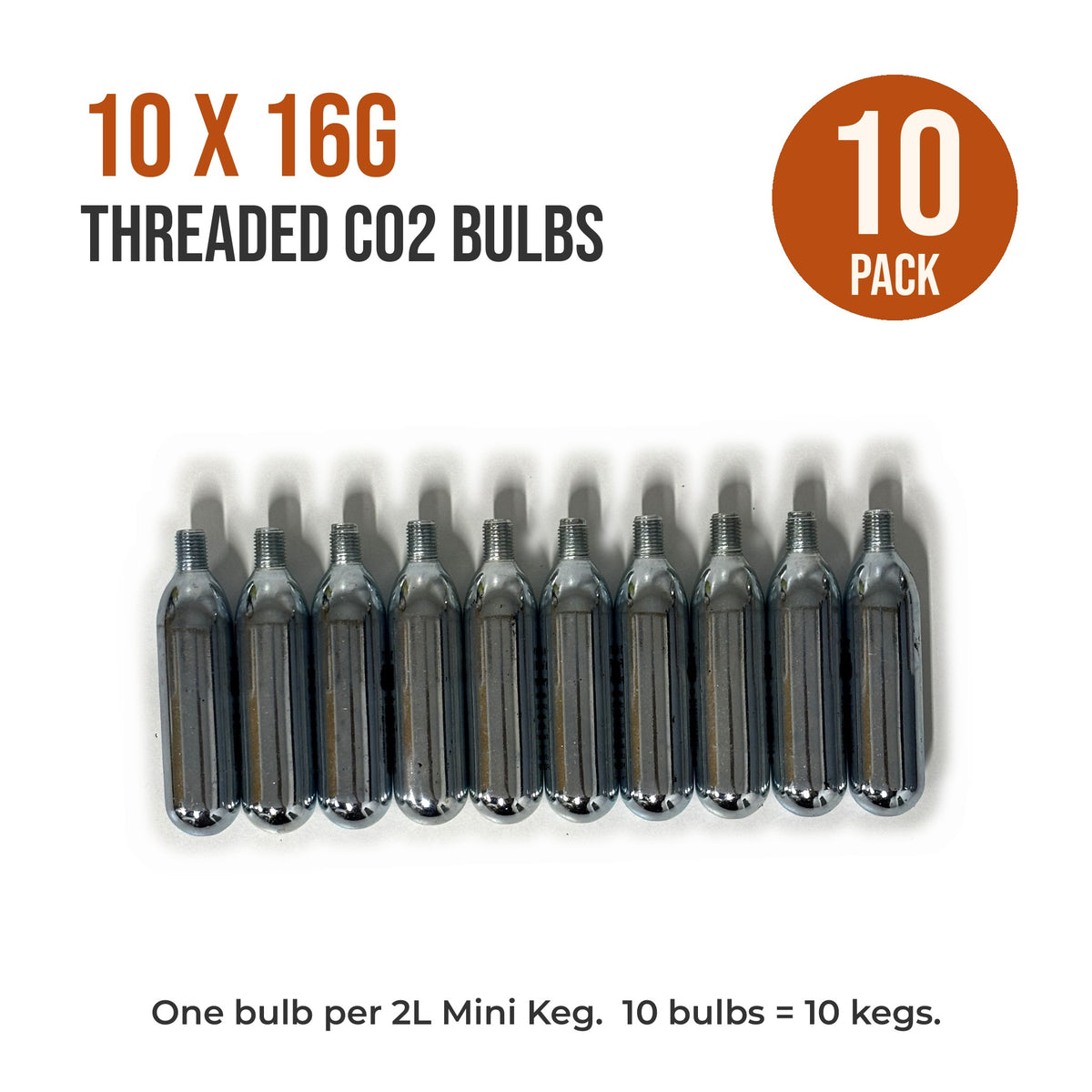 10 pack of 16g threaded CO2 bulbs for the Cocktail Candy Mini Keg, one bulb per 2L keg