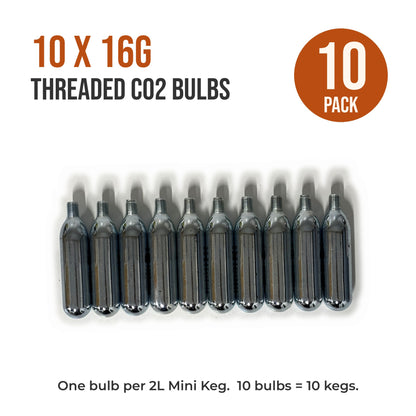 10 pack of 16g threaded CO2 bulbs for the Cocktail Candy Mini Keg, one bulb per 2L keg