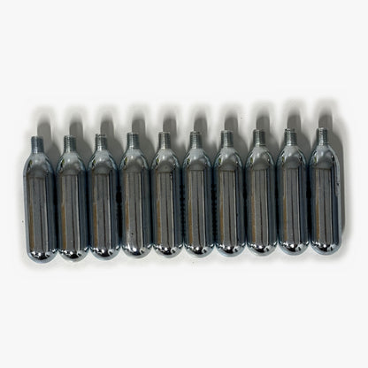 Front view of a 10 pack of 16g threaded CO2 cartridges for mini keg dispensing
