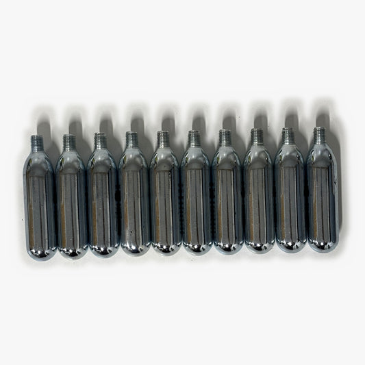 Front view of a 10 pack of 16g threaded CO2 cartridges for mini keg dispensing