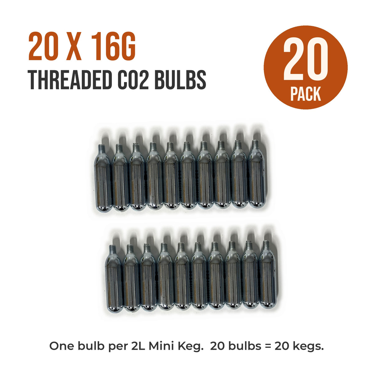 20 pack of 16g threaded CO2 bulbs in two rows, enough to pour 20 Cocktail Candy Mini Kegs