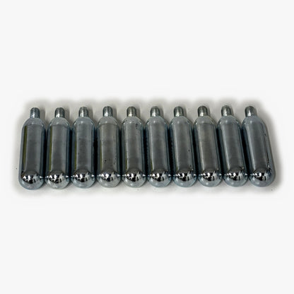 Top-down view of ten 16g CO2 bulbs with threaded necks, one bulb per 2L Mini Keg