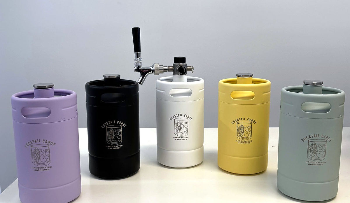All five Mini Keg colours in a row: Violet Hour Purple, Black Velvet, Coconut White, Limoncello Yellow and Sea Breeze Green