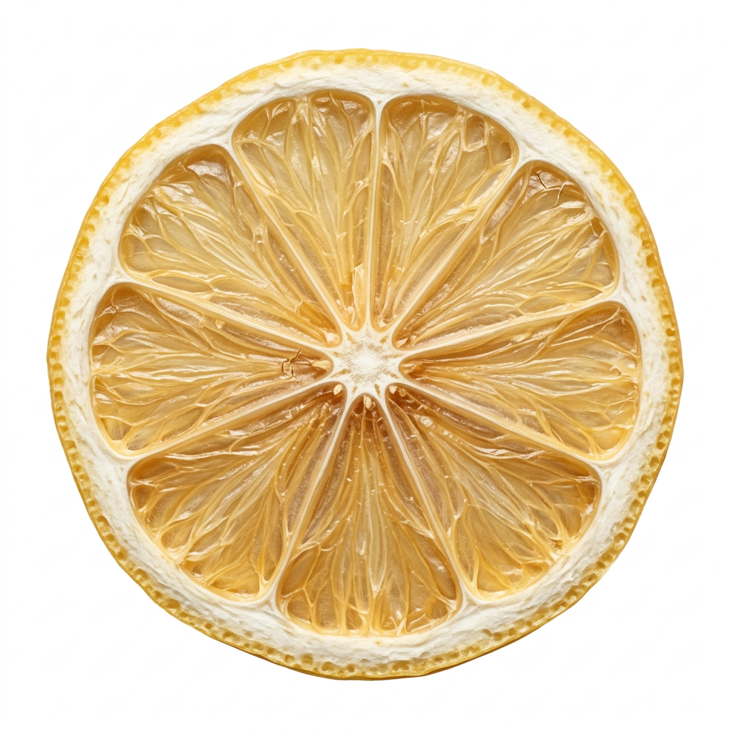 A cross-section of a dried lemon slice, showing vibrant yellow segments and a textured rind on a solid white background.